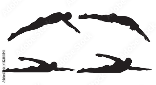 Swimmer Silhouettes Collection: Diving and Swimming Poses Vector Illustration