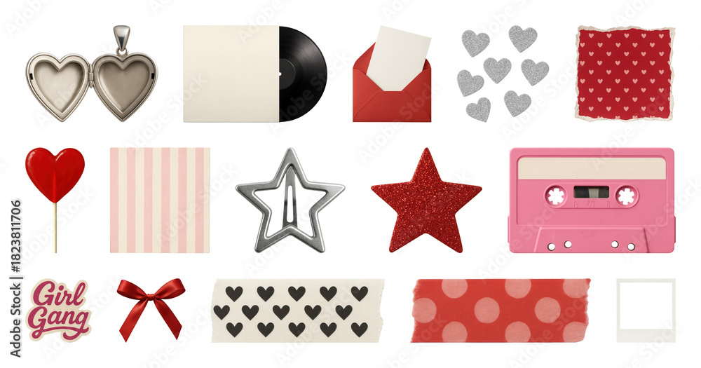 Fototapeta premium PNG Retro love-themed scrapbook element set, transparent background