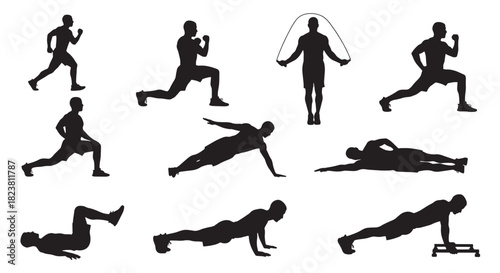 Fitness Exercise Silhouette Set Cardio Workout Lunges Jumping Jacks Plank Crunches