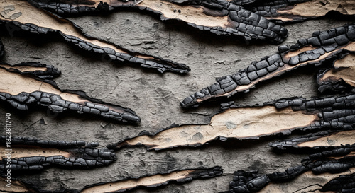 Charred and cracked wood bark texture close-up after fire, detailed organic surface pattern
