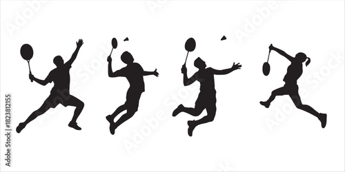Vector art of dynamic silhouettes of badminton players in action, isolated on a white background.