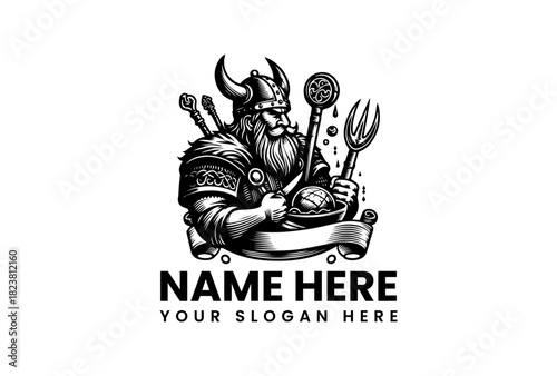 Powerful Viking Chef holding cooking utensils and bowl vector logo illustration for a restaurant or culinary brand identity