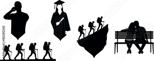 Silhouette illustration of confusion, graduation, hiking, cliff climbing, and companionship, black and white concept art showing life stages and emotion