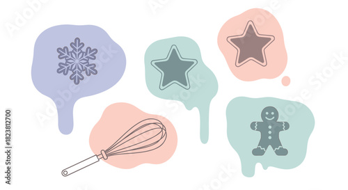 Festive baking elements with gingerbread and winter decor in minimalist pastel style