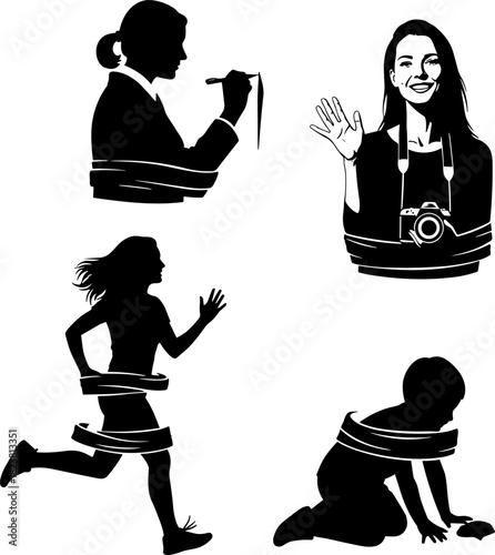 Silhouette illustration of diverse human actions with midsection bands, black and white vector, symbolic restriction, running, crawling, waving, adjusting tie