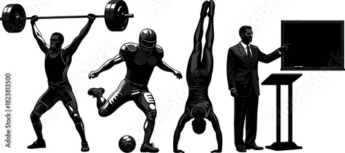 Silhouette illustration of diverse activities and professions, black and white vector, weightlifting, football, handstand, business presentation, dynamic human poses