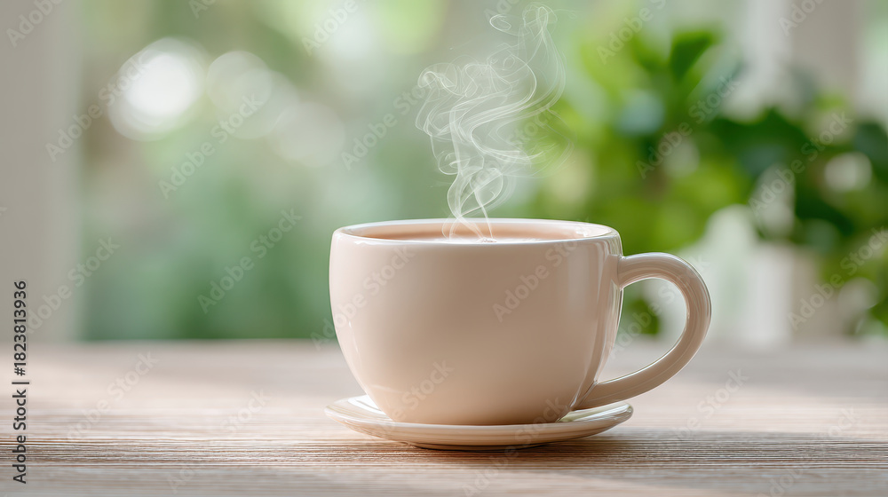 Obraz premium Hot cup of tea sits on wooden table, steam rising gently into air, creating cozy atmosphere perfect for relaxing day