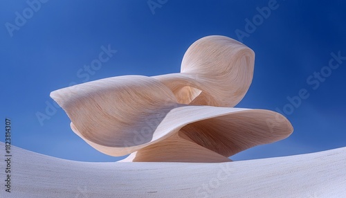 A large, organic, flowing abstract sculpture made of light-colored material is situated in a minimalist desert landscape with rolling dunes. The bright blue sky