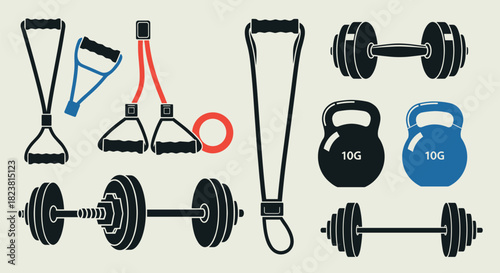 Fitness equipment icons: kettlebells dumbbells resistance bands in modern flat design