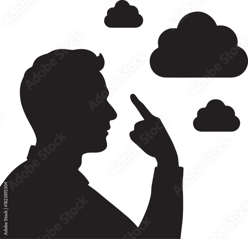 Silhouette of a man pointing to his head with thought clouds. Concept of thinking, memory, and imagination vector illustration.
