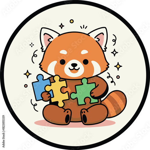 Adorable red panda holding colorful puzzle pieces in a cute circle design for kids playtime