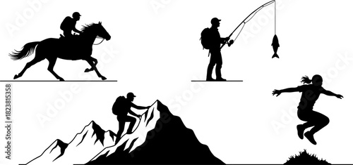 Silhouette illustration of horseback riding, fishing, hiking, and jumping, black and white concept art showing outdoor adventure and nature activities