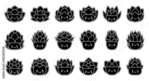 Cute kawaii succulent pattern with smiling faces in black and white