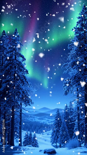 Wide cinematic video: tranquil dark winter forest at night. Snow-laden evergreens, shimmering aurora borealis, falling crystals. Dreamlike fantasy aesthetic