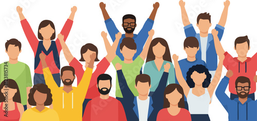 Illustration of a diverse stadium crowd cheering with raised arms in a vibrant and lively atmosphere with colorful clothing.