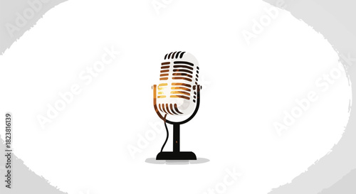 A vintage microphone on a stand against a white background with a gray border, shot with a focus on the microphone's details.