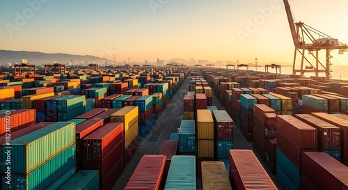 Stacks of Shipping Containers at Port Terminal For Export and Import