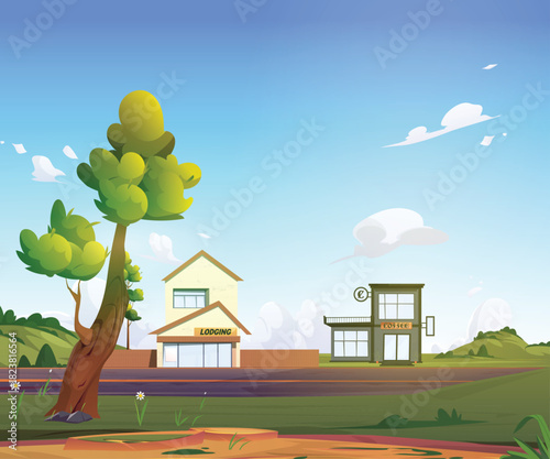 Cartoon rural scene with a guesthouse and coffee shop
