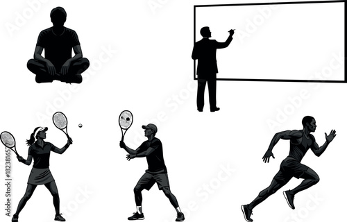 Silhouette illustration of meditation, teaching, tennis match, and running, black and white concept art showing lifestyle, sport, and education