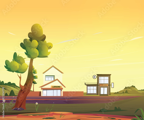 Cartoon rural scene with a guesthouse and coffee shop at sunset