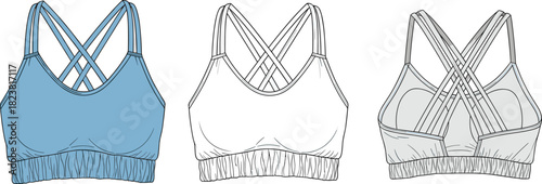 “Vector technical fashion illustration of women’s strappy sports bra featuring front and back views with elastic hem, seams, and construction details”