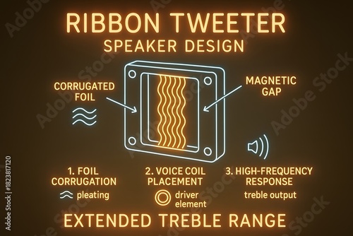 Neon Ribbon Tweeter Speaker Driver Design Infographic for Hi-Fi Audio Systems
