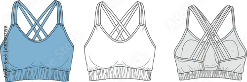 “Vector technical fashion illustration of women’s strappy sports bra showing front and back views with elastic hem, seams, and construction details”