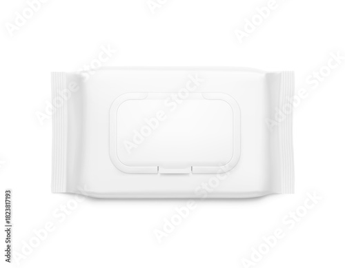  Wet wipes flow package mockup with realistic flap. Vector illustration isolated on white background. Can be use for your design, promo, adv and etc. EPS10.