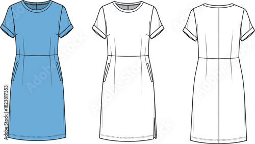 Casual short-sleeve dress fashion illustration with front and back technical views, featuring pockets, clean lines, and vector details for apparel design templates.