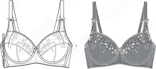 Elegant floral embroidered bra vector illustration showcasing detailed lace design, lingerie fashion template, and stylish intimate apparel for clothing designers.