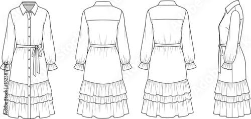 Elegant tiered ruffle shirt dress fashion flat sketch with long sleeves, belted waist, technical drawing views for apparel design presentation
