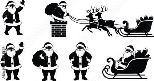 Festive Santa Claus silhouettes in multiple holiday poses with sleigh, reindeer, gifts, waving gestures, and Christmas character actions for seasonal vector design.