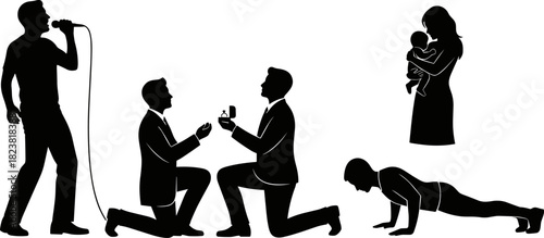 Silhouette illustration of singing, marriage proposal, parenthood, and fitness, black and white concept art showing emotion, lifestyle, and activity