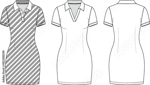 Polo dress fashion vector template set with front, back, and technical flat views for apparel design, garment illustration, and clothing development.
