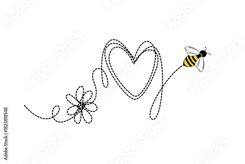 bee's flight path. A heart and a daisy flower. Concept of love, appreciation of nature, and honest work. Print for children's clothing and textile design, fashionable T-shirt print. Vector