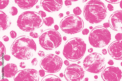 Pink Grunge Dot Pattern. Hand stamped abstract circles with rough textured edges and distressed paint marks on white background. Perfect for media, posters, banners, cards and web.