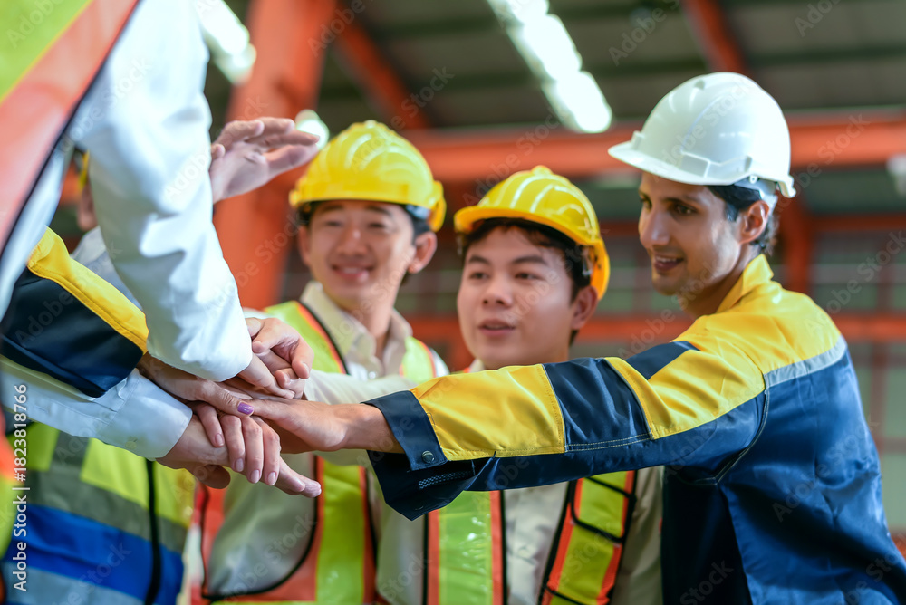 Obraz premium Group of young Engineer United stack hands or join hand teamwork together with Spirit diversity solidarity team Partner in metal sheet factory. Joins hands together teamwork meetings empower.