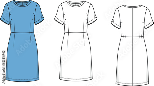 Simple short-sleeve casual dress fashion illustration featuring front and back technical views for apparel design, sewing patterns, garment templates, and digital vector use.