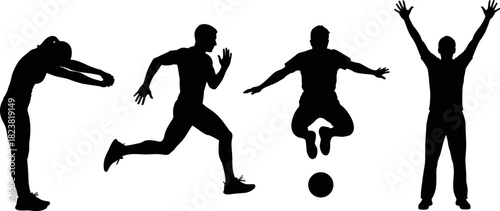 Silhouette illustration of stretching, running, soccer jump, and celebration pose, black and white concept art showing athletic movement and fitness