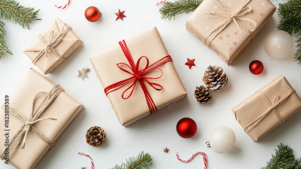 Obraz premium Festively wrapped gift boxes in various sizes with red ribbons and natural decorations, surrounded by pine branches, ornaments, and holiday-themed elements