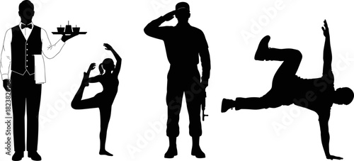 Silhouette illustration of waiter, ballet dancer, soldier, and breakdancer, black and white vector, diverse human roles, dynamic pose concept art