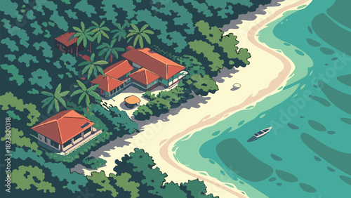 Tropical resort nestled on a secluded white sand beach with turquoise ocean water