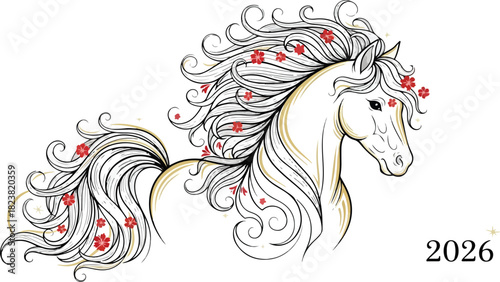 Ornamental horse illustration with floral accents year 2026 in bottomright