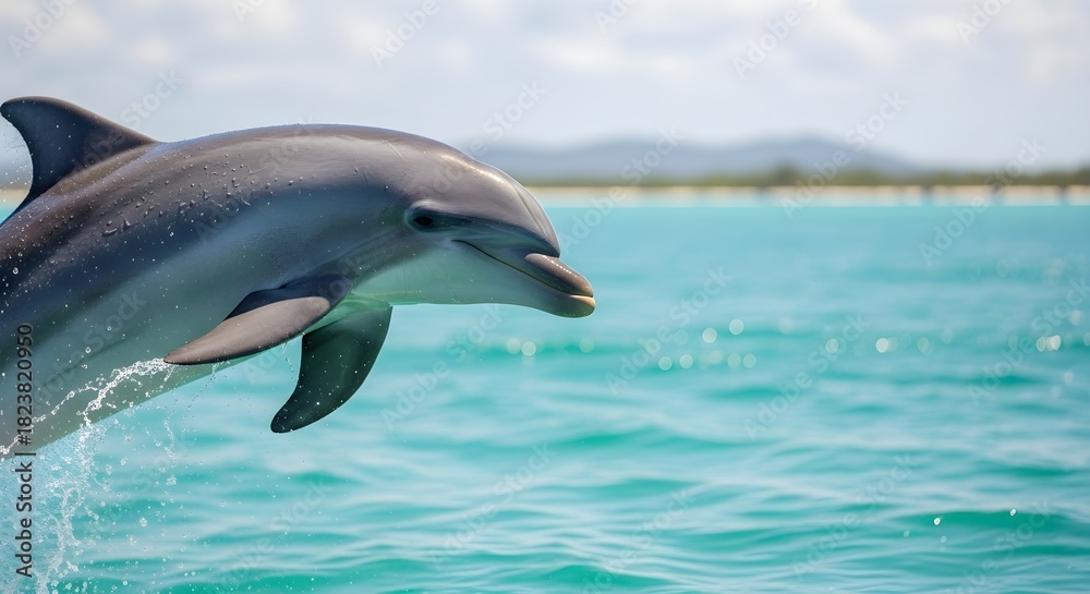 Naklejka premium Dolphin Leaping out of the Turquoise Water on a Sunny Day at the Beach