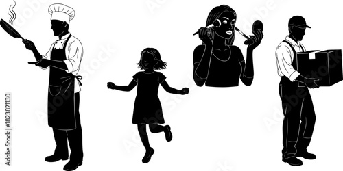 Silhouette illustration of chef, child, makeup artist, and delivery worker, black and white vector, everyday roles, lifestyle activity concept art