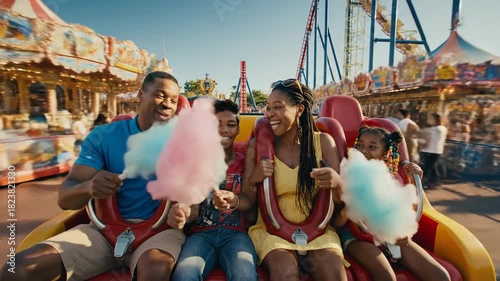 Joyful African American Family Laughing on a Thrilling Amusement Park Roller Coaster.