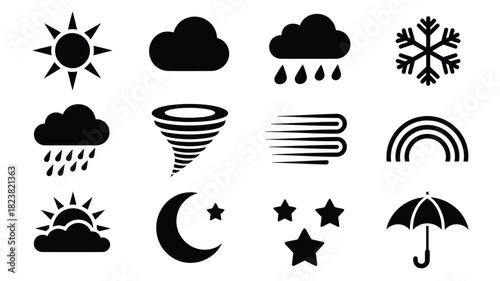 Weather icon set simple black glyphs for forecasting and climate concepts isolated vector illustration for web and app design