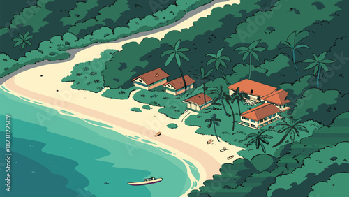 Aerial view of a secluded tropical resort nestled on a white sand beach