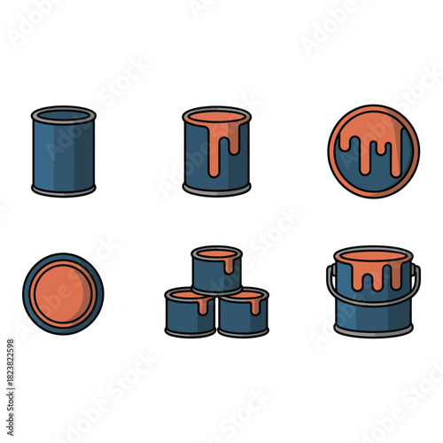 Collection of stylized paint cans and lids with orange drips