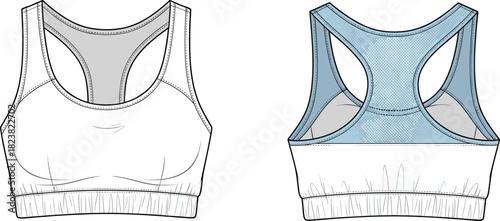 “Vector sports bra front and back technical fashion illustration showing racerback design, stitching details, elastic hem, and breathable mesh panels”